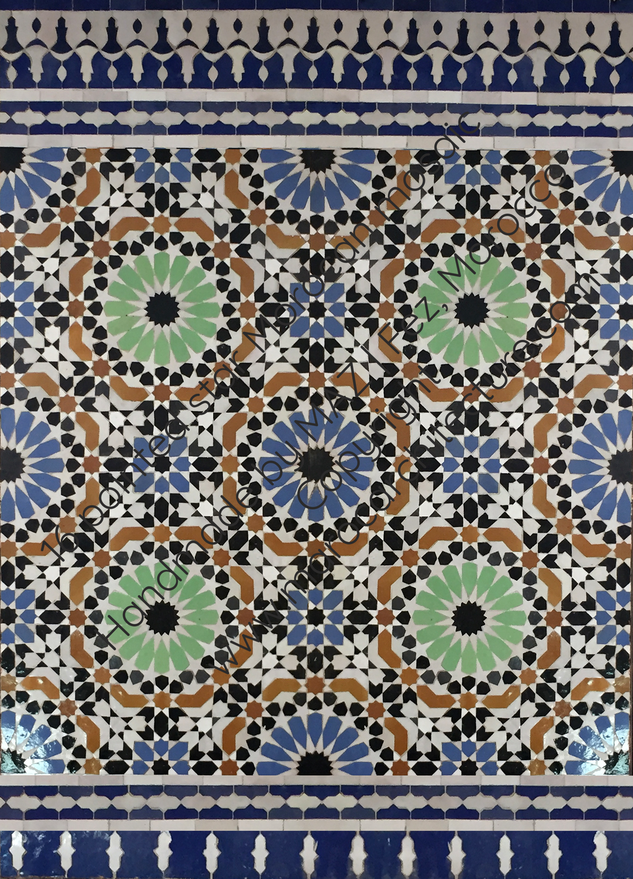 16 pointed star Moroccan mosaic by Maroc Architecture et Zellij, Fez, Morocco Copyright www.marocarchitecture.com 