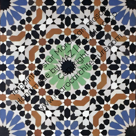 16 pointed star Moroccan mosaic by Maroc Architecture et Zellij, Fez, Morocco Copyright www.marocarchitecture.com
