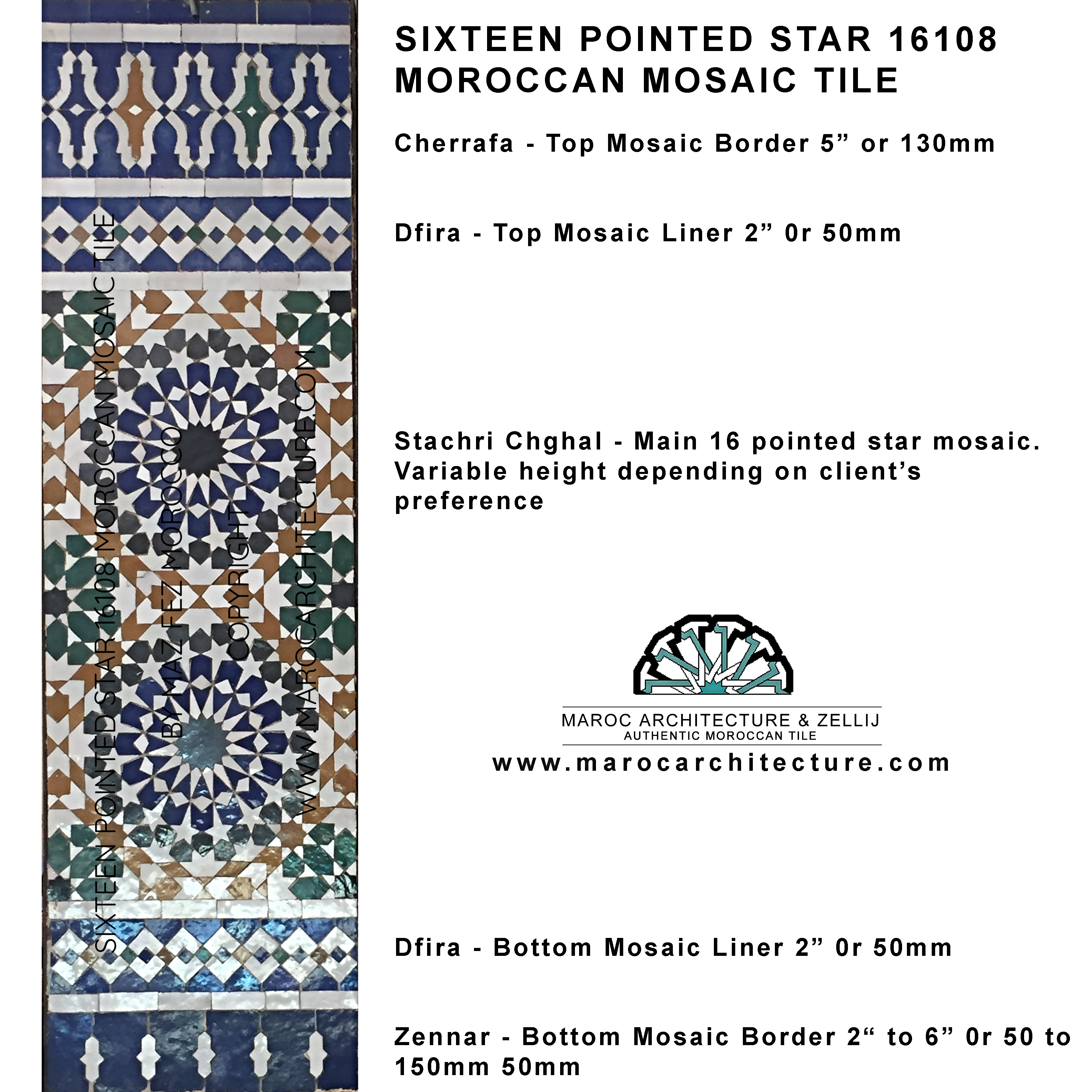SIXTEEN POINTED STAR 16108 MOROCCAN MOSAIC TILE by MAROC ARCHITECTURE ET ZELLIJ