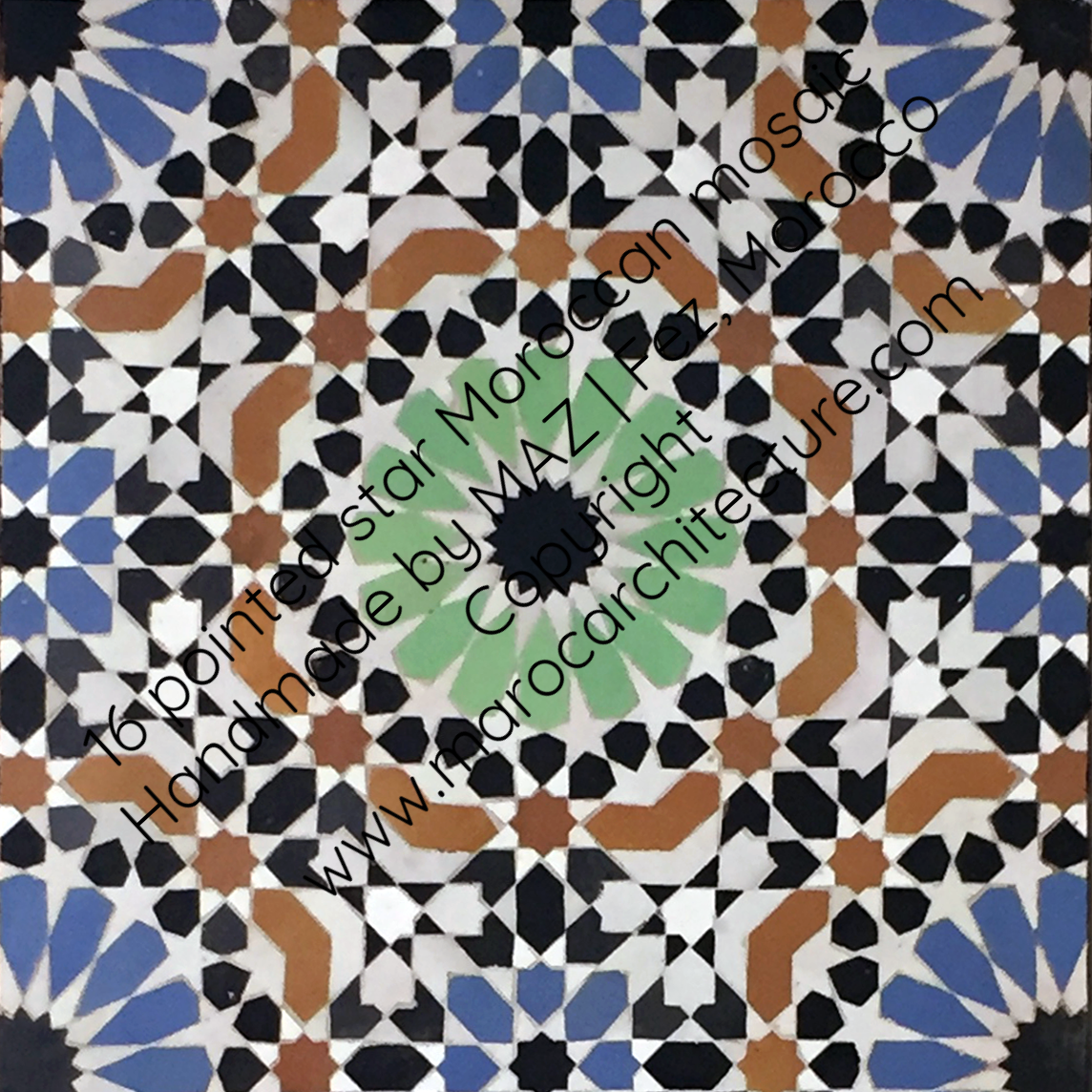 16 pointed star Moroccan mosaic by Maroc Architecture et Zellij, Fez, Morocco Copyright www.marocarchitecture.com 