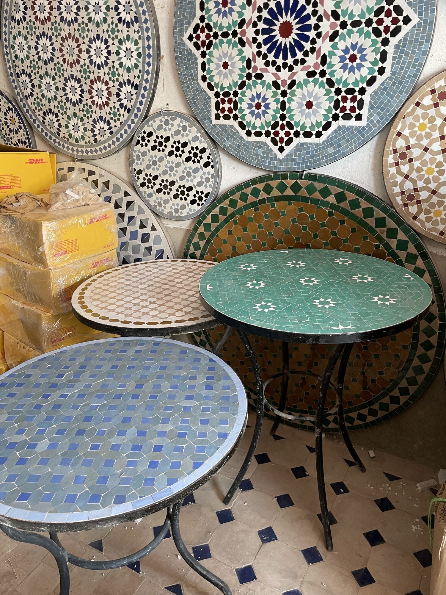 Range of Moroccan mosaic products in the workshop